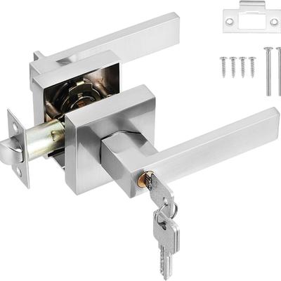 Door Lever Handle Lock,Interior Door Handle with Lock and Key Square Entry Door Handle for Bedroom Office Left or Right Handing (Silver)