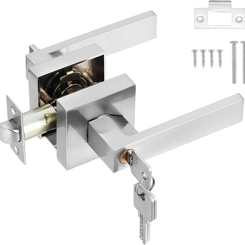 Door Lever Handle Lock,Interior Door Handle with Lock and Key Square Entry Door Handle for Bedroom Office Left or Right Handing (Silver)