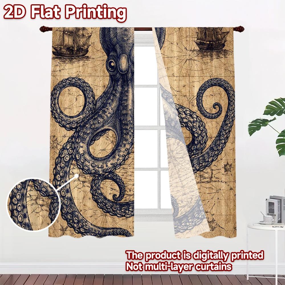 2D FLAT PRINTING 2pcs Curtains (Without Rod) Vintage Octopus Drawing Chic Chic Curtain 100% Polyester Curtains Ramadan Ldeal for