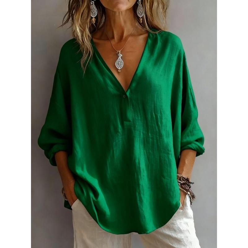 Women Casual Loose Solid Color V Neck Long Sleeve Pullover Shirt
