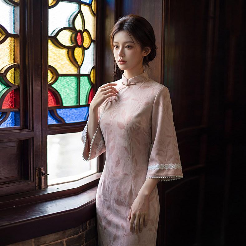 Pink New Chinese Suzhou Long-sleeved Autumn Cheongsam Medium-sleeved Improved Young 1011 New Women's High-end Spring and Autumn