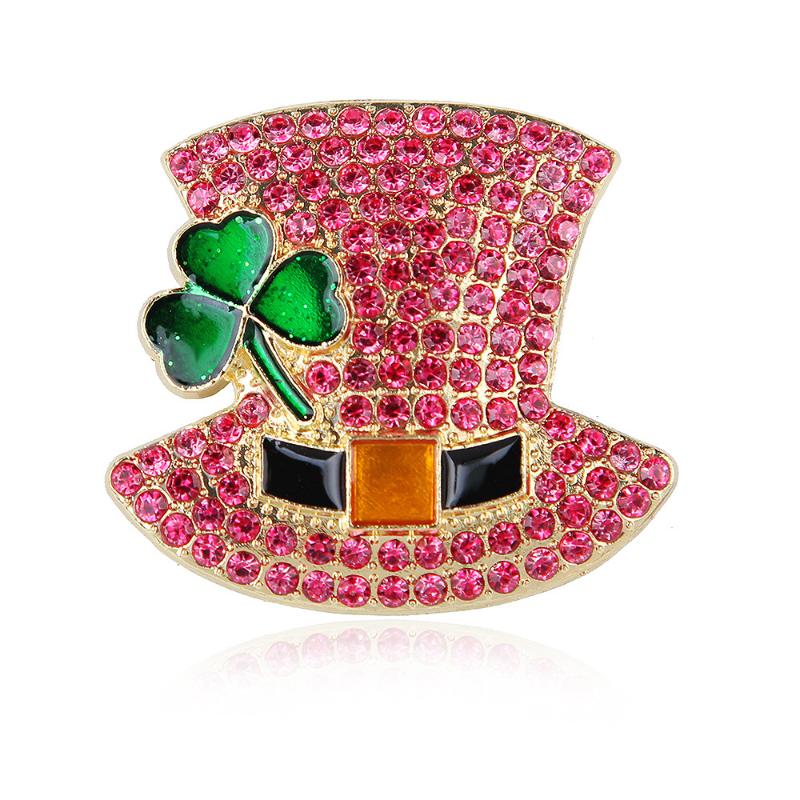 Fashion Rhinestone Clover Hat Brooches Pin For Women Clothing Coat Jewelry Accessories Gifts