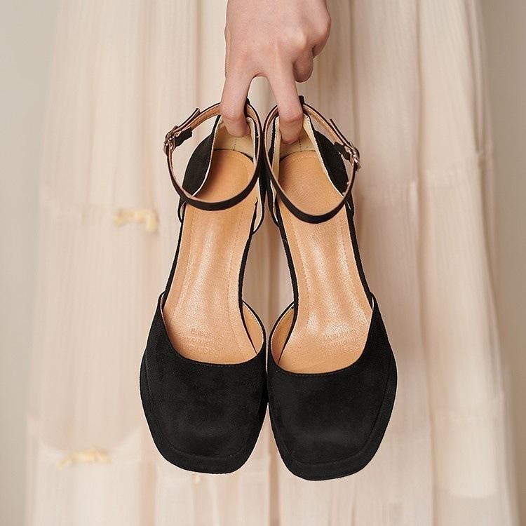 Small Square Head One-word Buckle with Bag Head High-heeled Sandals Women's Waterproof Table Thick-heeled Single Shoes