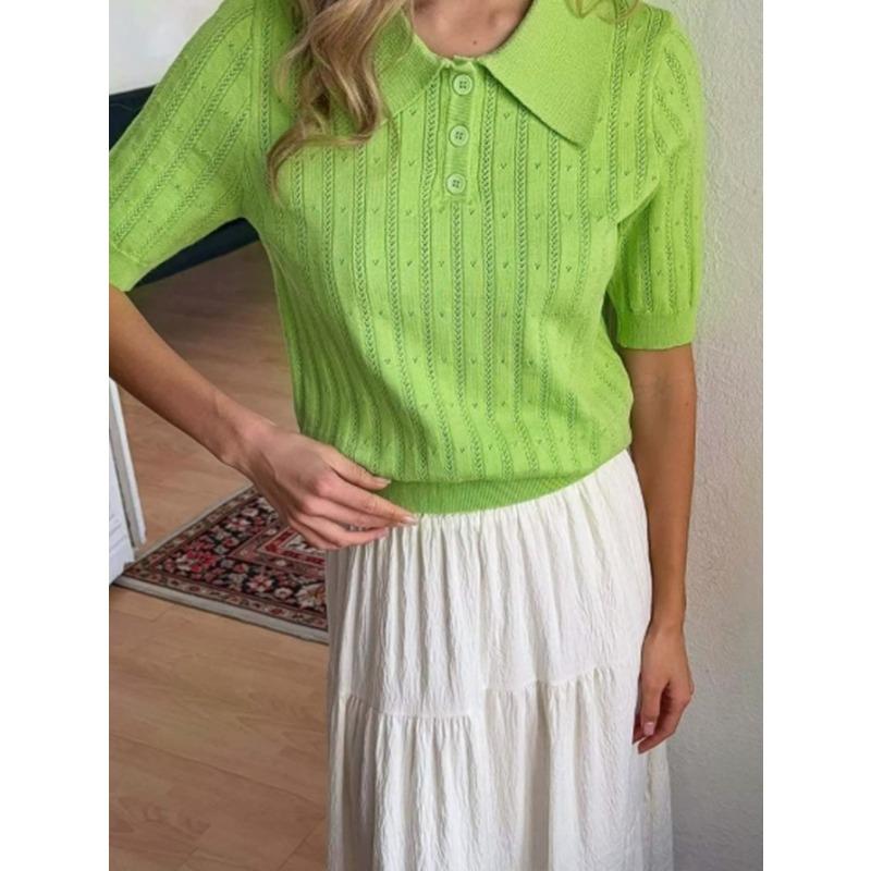 Womens Loose Casual Solid Color Openwork Knit Short Sleeve Polo Shirt
