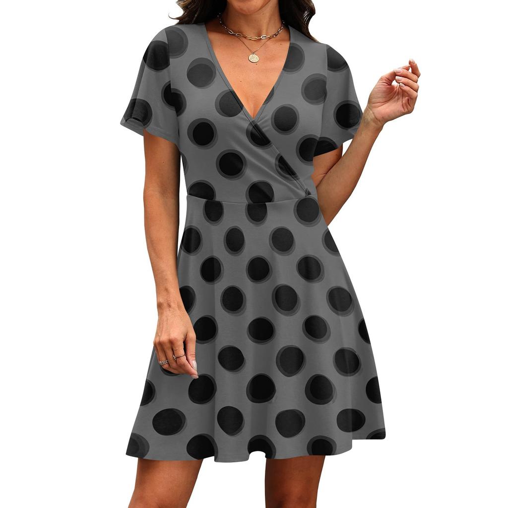 Robe portefeuille décontractée pour femme à col en V, imprimé pois, manches courtes, légère, pour l'été, avec jupe évasée