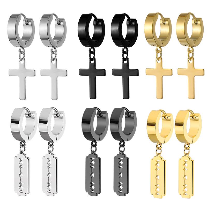 1/6pairs Stainless Steel Cross Ear Earrings for Men and Women Punk Black Cartilage Earrings Round Street Hip Hop Rock Zircon