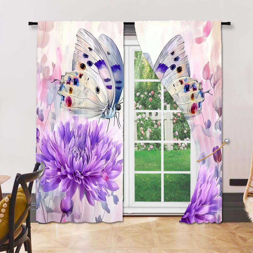 Flower Butterfly Digital Printed Window Curtains Polyester Material Suitable Living Room Kitchen Bedroom Study Dining Set Of 2 Made Great Decor
