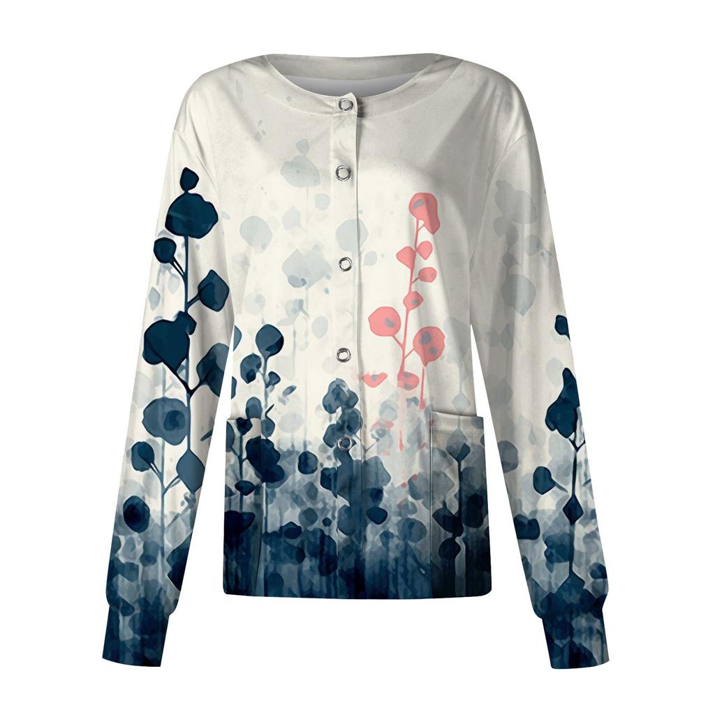 Women Long Sleeve Pattern Pocket Working Stand-up Collar Single-breasted Protective Overalls Cardigan Jacket Top