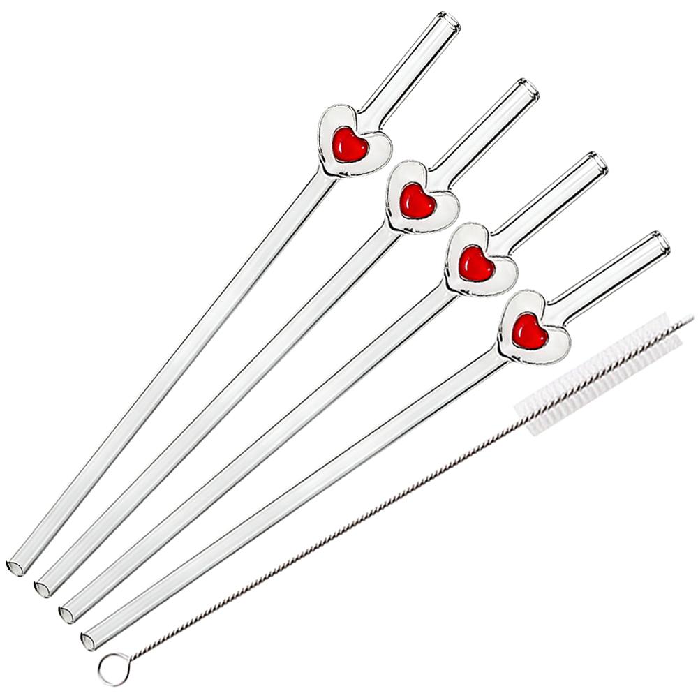 4Pcs Reusable Straws Glass Straws Heart Design with 1 Cleaning Brush for Smoothies Milkshakes Juices ,Valentine's Day Gift 5