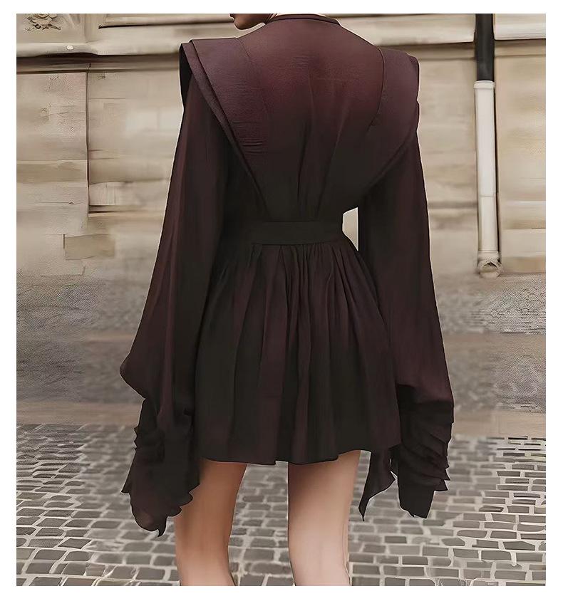 Elegant French Retro Ruffle Dress with Belt & Lantern Sleeves