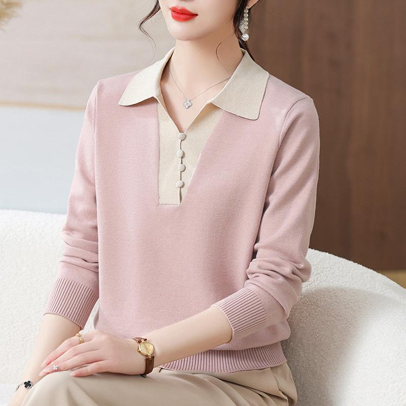 

Mom spring lapel knitted sweater top new Chinese women s clothing spring and autumn bottoming sweater thin one size fits all розовый