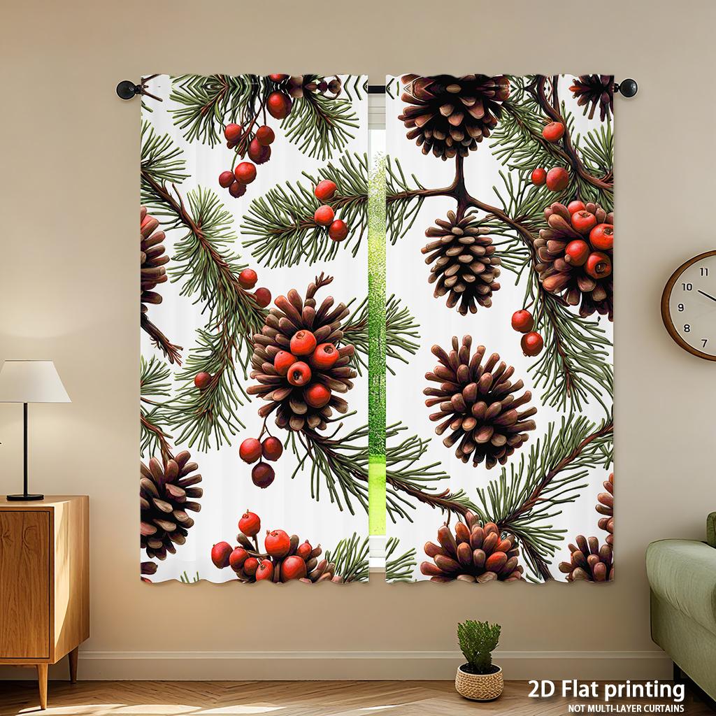 Piece Set High Definition Digital Printed Curtainschristmas Pinecones Redberries Greenbranches Nature Style Seamless Patter Curtains Made Of Polyester