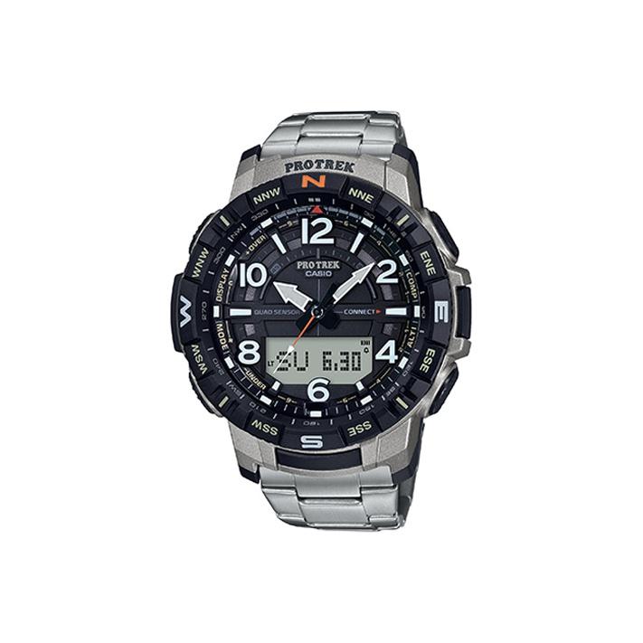 

Casio Pro Trek Серія PRT Зовнішні Bluetooth Водонепроникні Кварцовий Механізм Ремінець зі Сплаву Титану Годинник Чоловічі годинники Чорний PRT-B50T-7 Silver-Black Dial