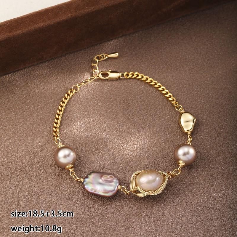 Elegant Baroque Freshwater Pearl Bracelet Women With Purple Glass Beads Geometric Alloy Charms Minimalist Boho Chic Copper alloy, 18K gold-plated