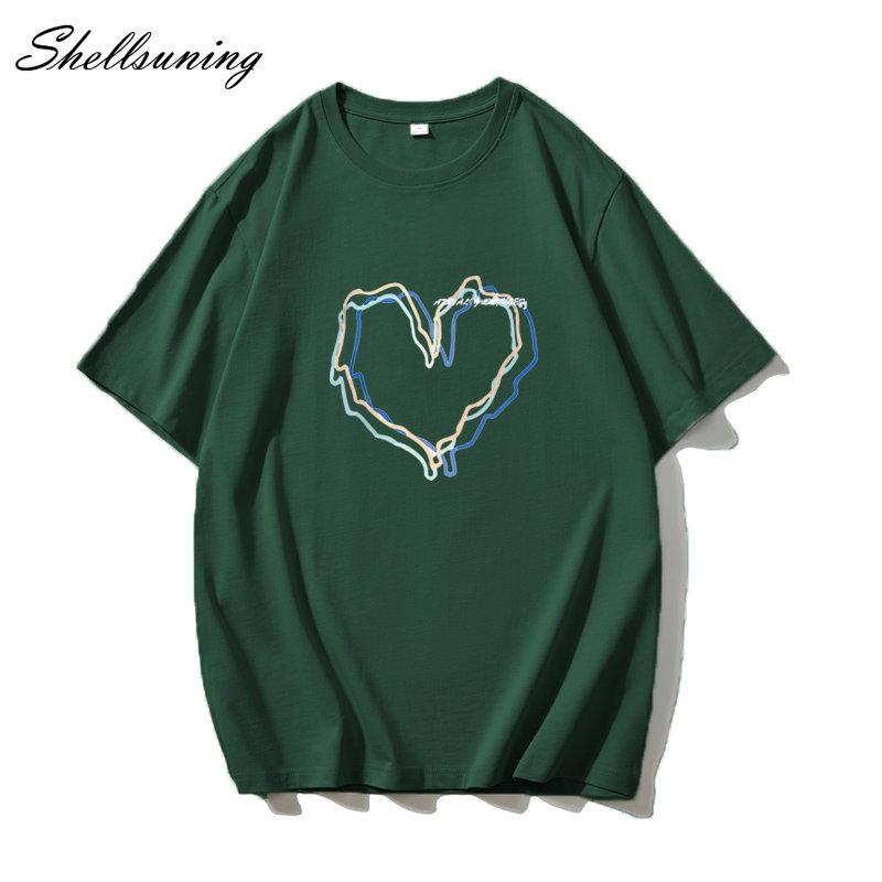 Shellsuning Loose O Neck Cotton Printed Shirts Women Summer Kawaii Heart Graphic Tees Female Casual Short Sleeve Base Black Tops