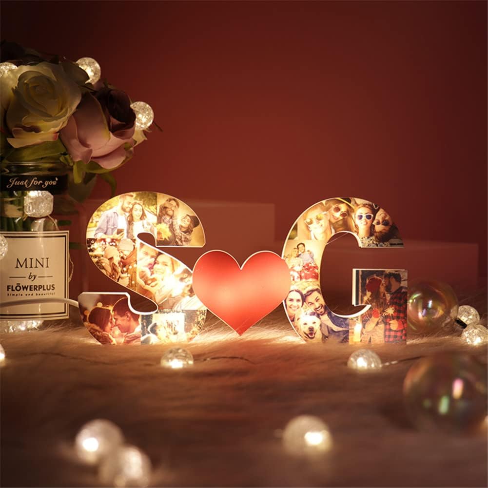 Personalized Alphabet Heart Photo Lights, Letter Collage Heart Night Lamp Bedside Table Lamp, Photo Frame Collage for Family Pictures Gift for Mom