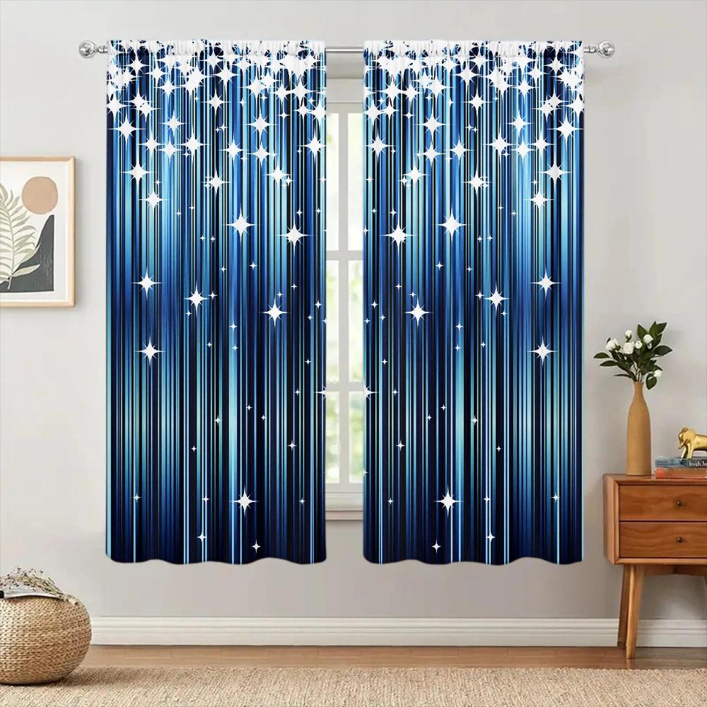 Shiny Gradient Blue Printed Curtain for Home Decor - Rod Pocket Window Treatment for Bedroom, Kitchen, Living Room