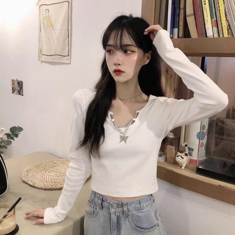 Design Sense Niche Spice Girl Black Short Long Sleeve T-Shirt Autumn New Slim Skinny Bottom Top Women