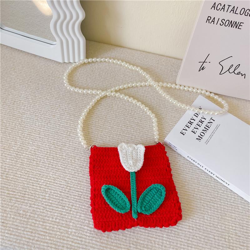 

Adorable Floral Knitted Mini Handbag For Kids Fashionable Girls Stylish Shoulder Bag Red