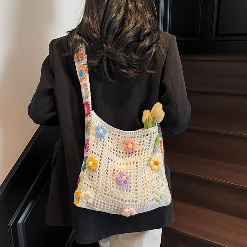 Yogodlns Vintage Hollow Woven Women Floral Decor Shoulder Bag Knitting Handbags Large Capacity Tote Bags For Ladies Beach Travel Shopper Purse