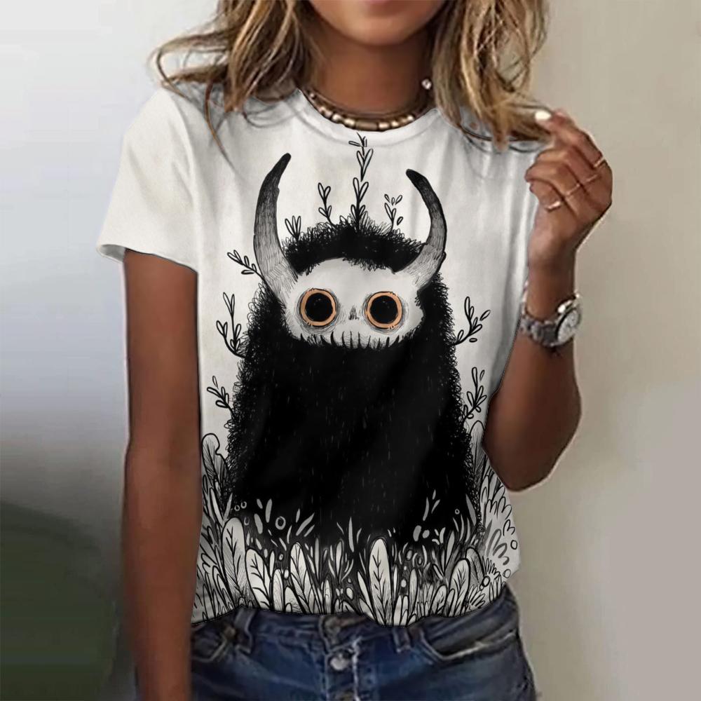 Summer Round Neck Loose Top 3d Printed Cartoon Pattern T-Shirt Fashionable Street Casual Women's White T-Shirt2024
