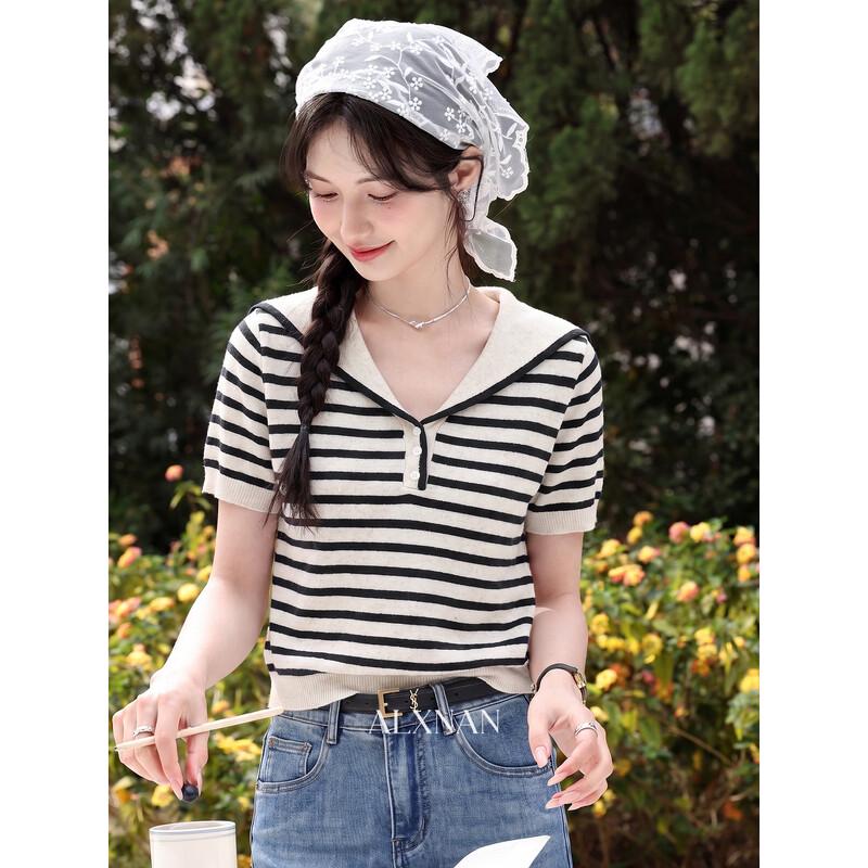 Women s Striped Knit Waist-Cinching Short-Sleeve Top L
