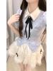 Koreanischer Stil Altersreduzierendes Polo-Kragen-Oberteil & High-Waist Flauschiger Rock Set