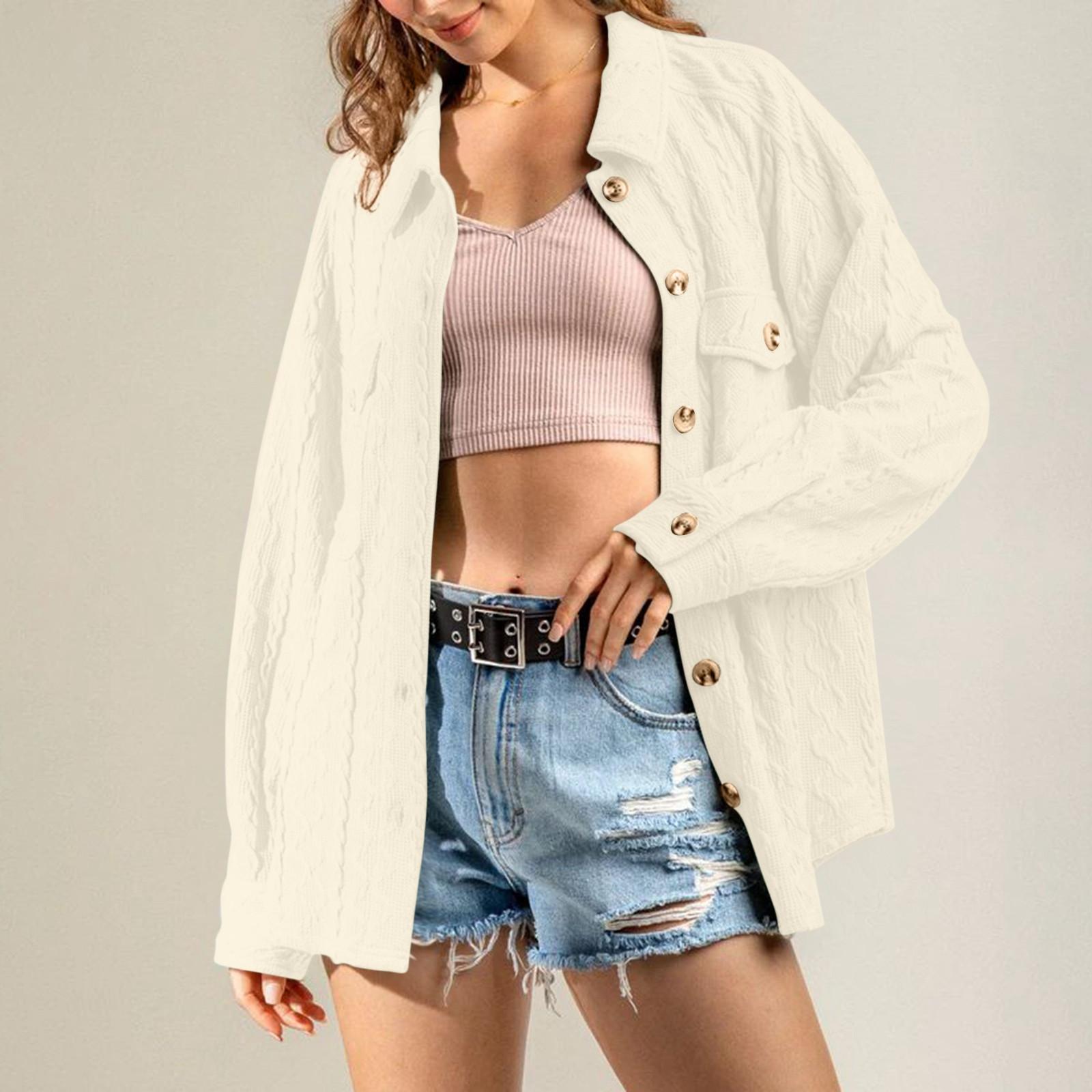 

Женская вязаная куртка-рубашка на пуговицах большого размера, свободные топы с длинными рукавами M белый