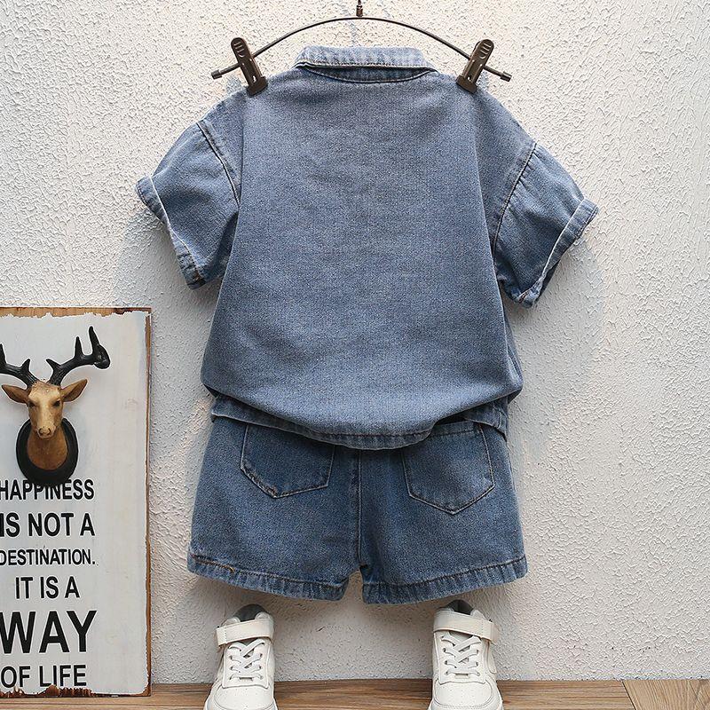 Boys' Jeans Suit Summer Handsome Short Sleeve Fashionable Thin Boys' Summer Two-piece Set Casual Blue Suit