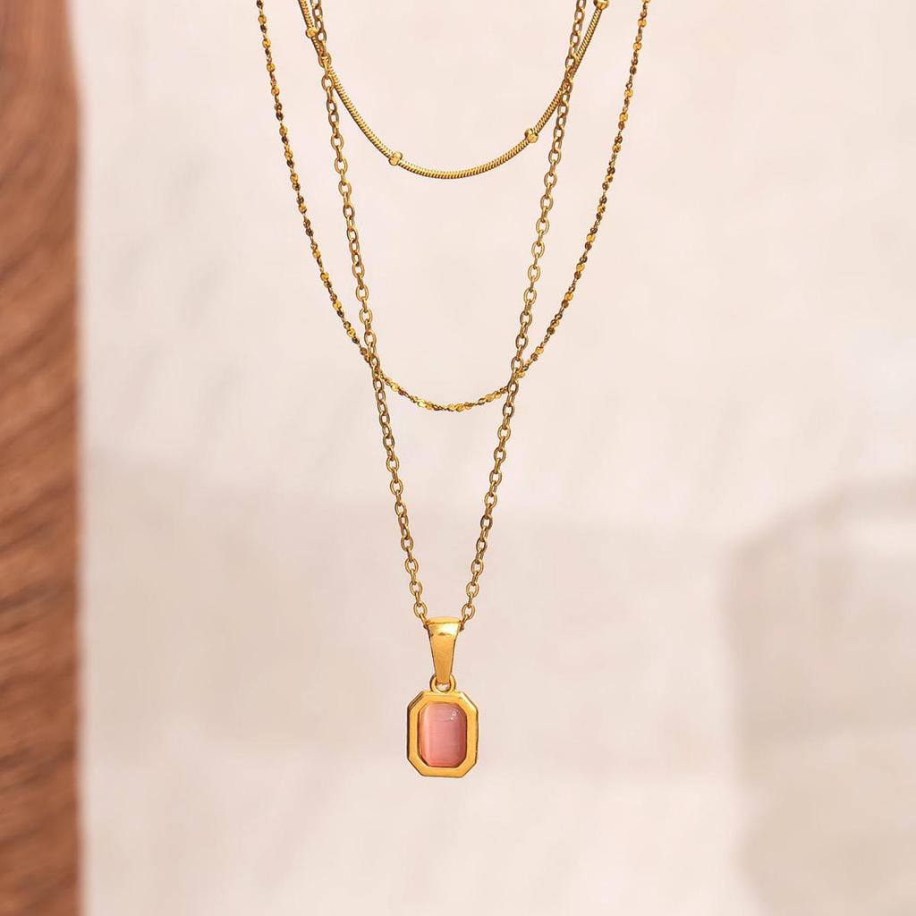Geometric Square Cat's Eye Stainless Steel Layered Necklace for Women - 18k Gold Plated, European Style, Light Luxury Clavicle Chain