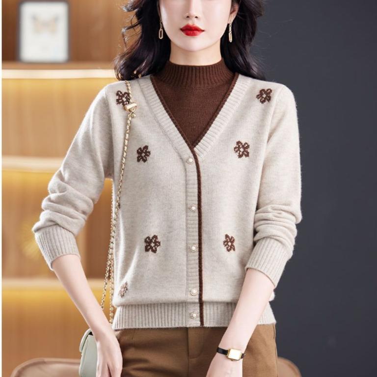 Women's Semi-turtleneck Sweater Autumn Winter Thickened Printed Color-block Knit Sweater Loose Jacquard Pullover Knit Top Outwear