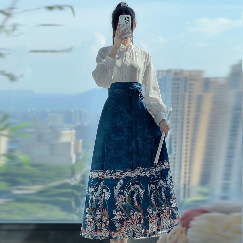 Chinese Ming Dynasty Style Hanfu Women's Stand Collar Daily Print horse-face  Skirt