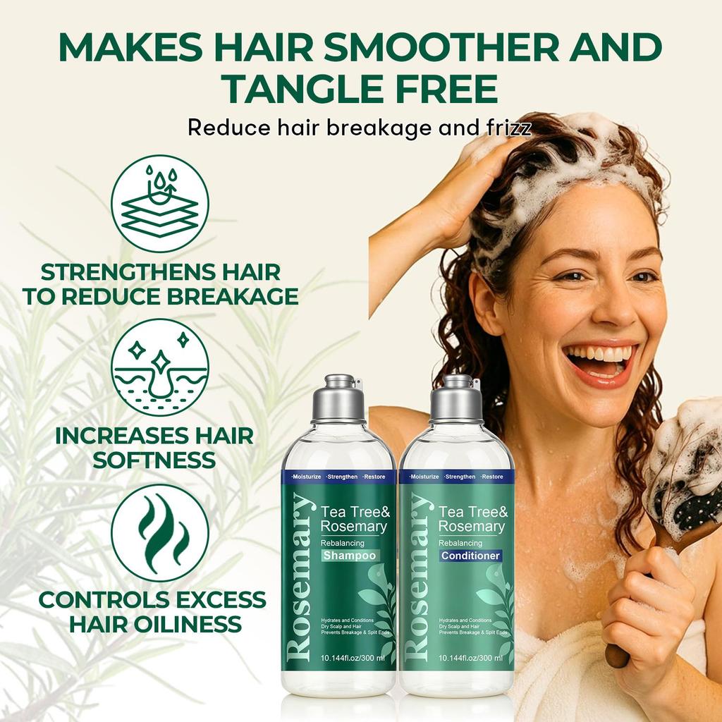 Tea Tree & Rosemary Shampoo/Conditioner Set-Deeply Clean, Moisten, Smooth & Soft Hair-Suitable for All Hair Types, 300ml+300ml