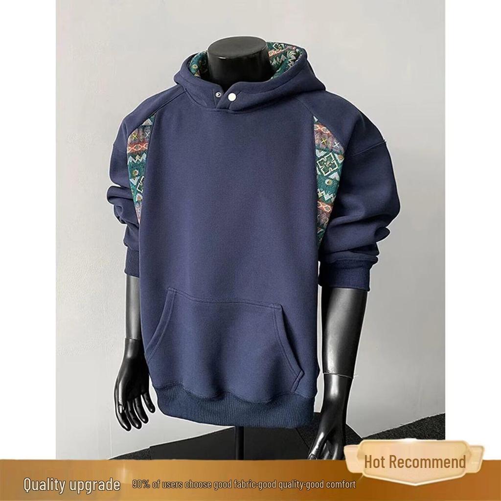 Men's Autumn Patchwork Hoodie: Chinese Ethnic Style, High Collar, Long Sleeve