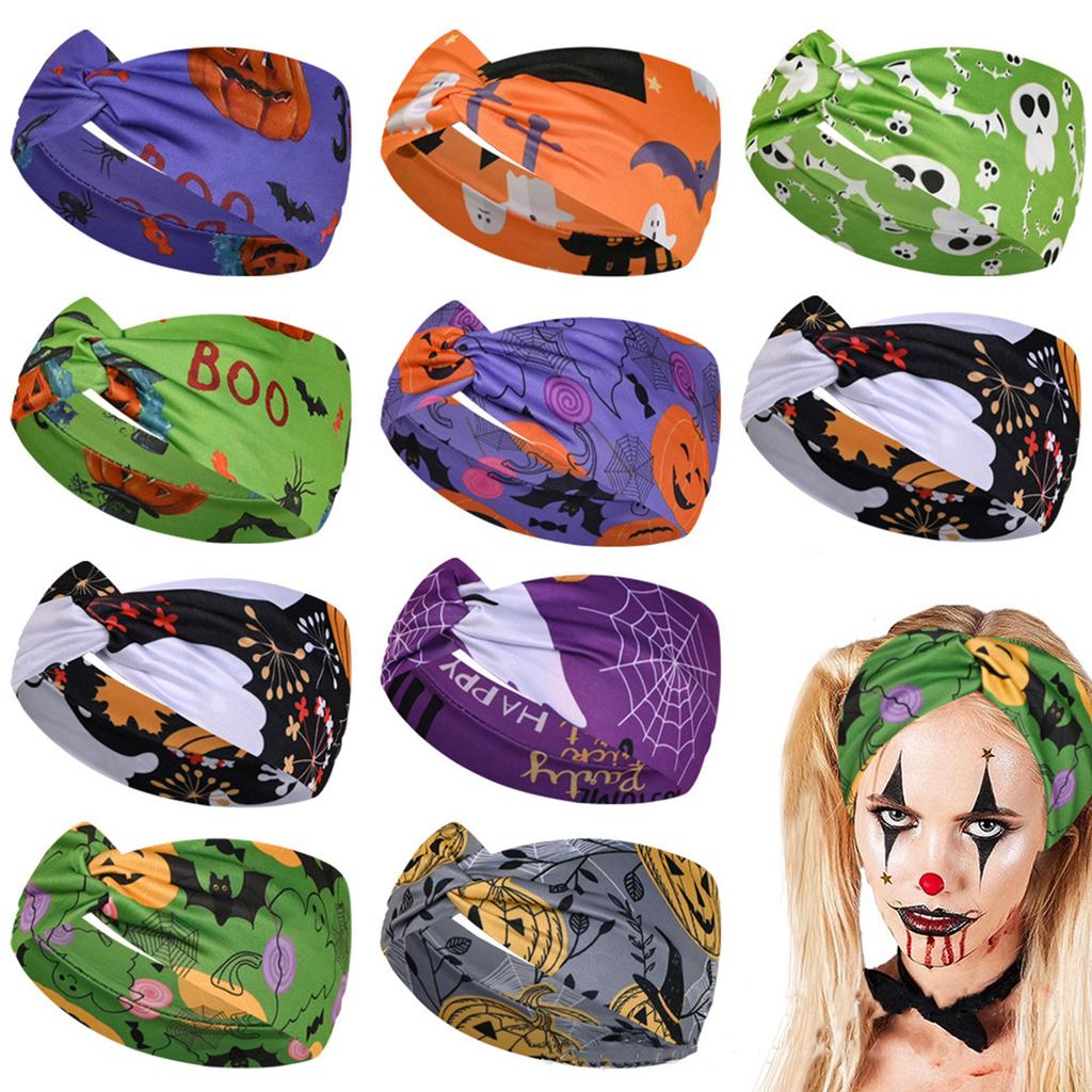 Halloween Print Wide Knotted Headband for Women and Girls Soft Stretchy Fabric Head Wrap with Festive Patterns