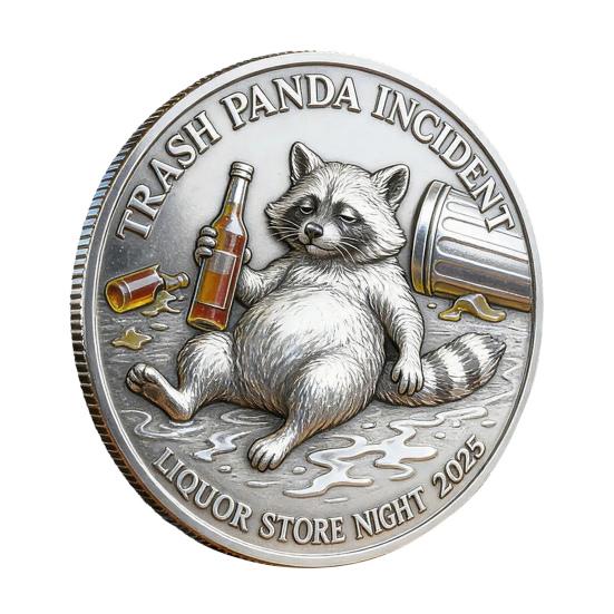 

Trashed Panda Incident Challenge Coin Double Sided Funny Raccoon Drinking Coin Novelty Gag Gift for Party Lovers Drinkers Friends 1pc