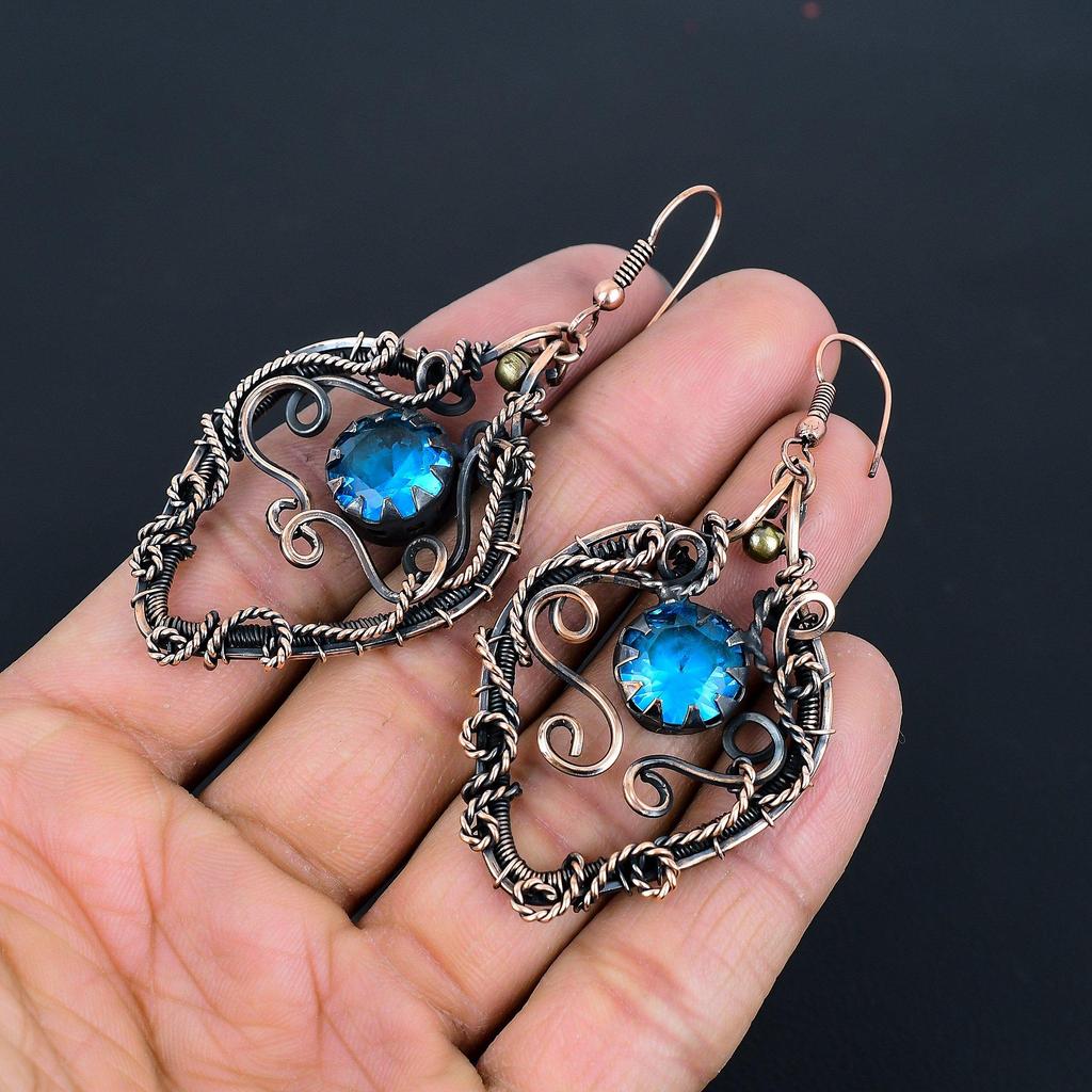 Blue Topaz Earrings, 999 Copper Wire Wrapped Gemstone Jewelry, Handmade Earrings, For Thanksgiving