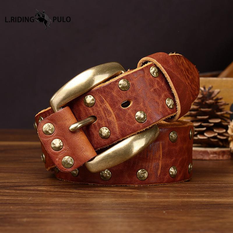 Punk-style Studded Leather Belt for Men Genuine Leather with Pin Buckle Washed, Vintage, Distressed Finish, Pure Cowhide, Unique Casual Denim Belt.