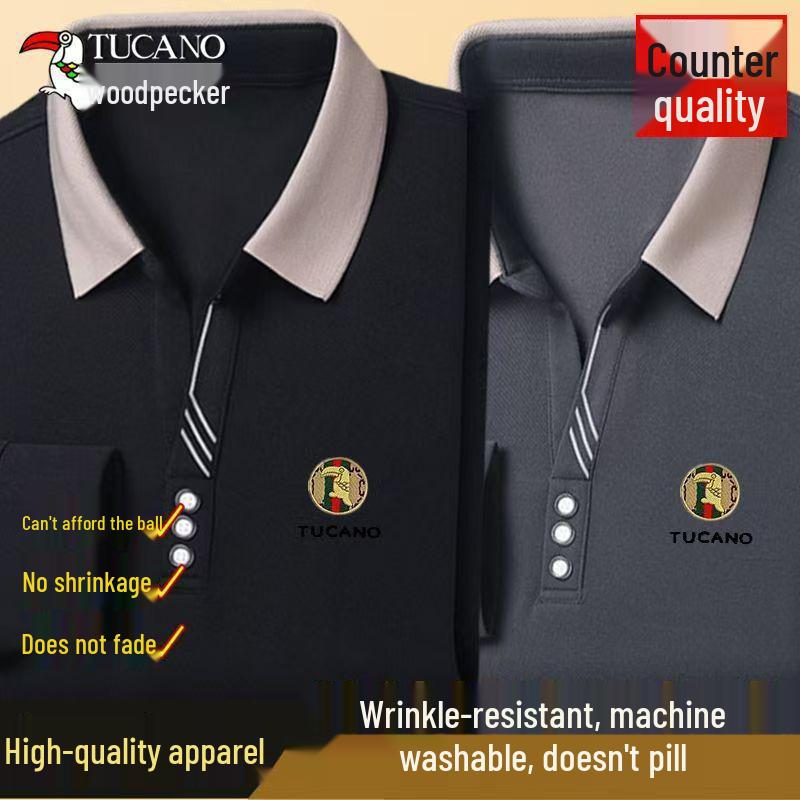 Woodpecker Men's Long-Sleeve Solid Color Polo Shirt with V-Turn Collar for Spring and Autumn.