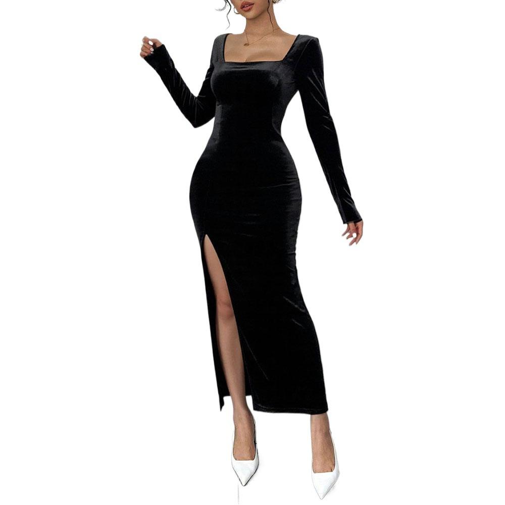 New autumn and winter women's clothing sexy temperament long-sleeved velvet dress high waist split square neck long dress
