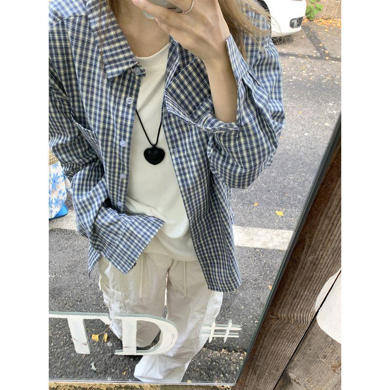 

Kumikumi Idle Style Blue Plaid Sunscreen Long Sleeves Shirt Women Autumn All-Matching Youthful-Looking Loose Casual Top Blue grid One size