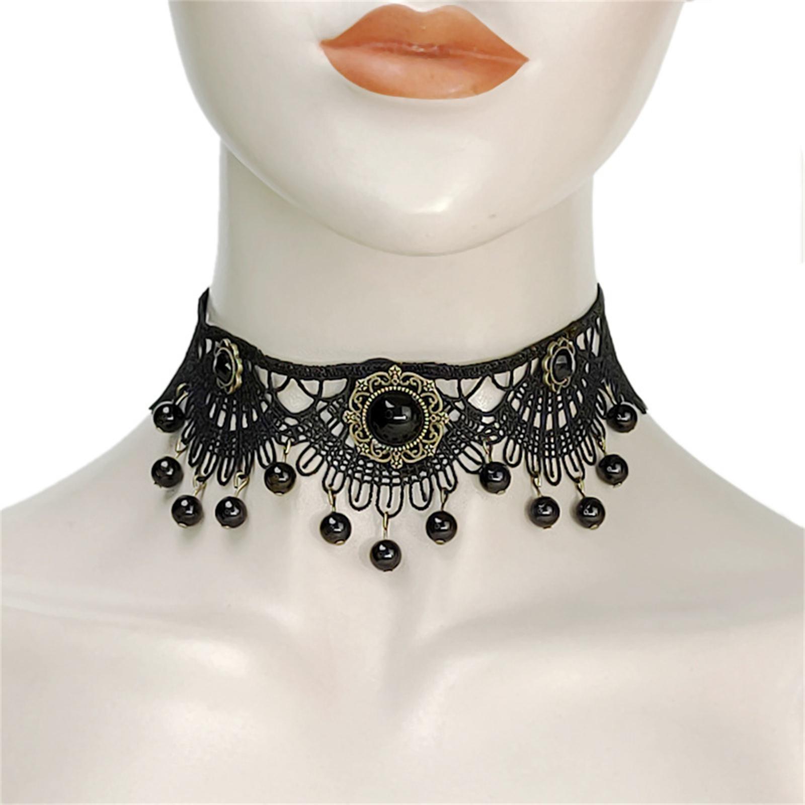 Black Lace Necklace with Hand Beaded Diamond Choker Gothic Fashion Jewelry 1 чёрный