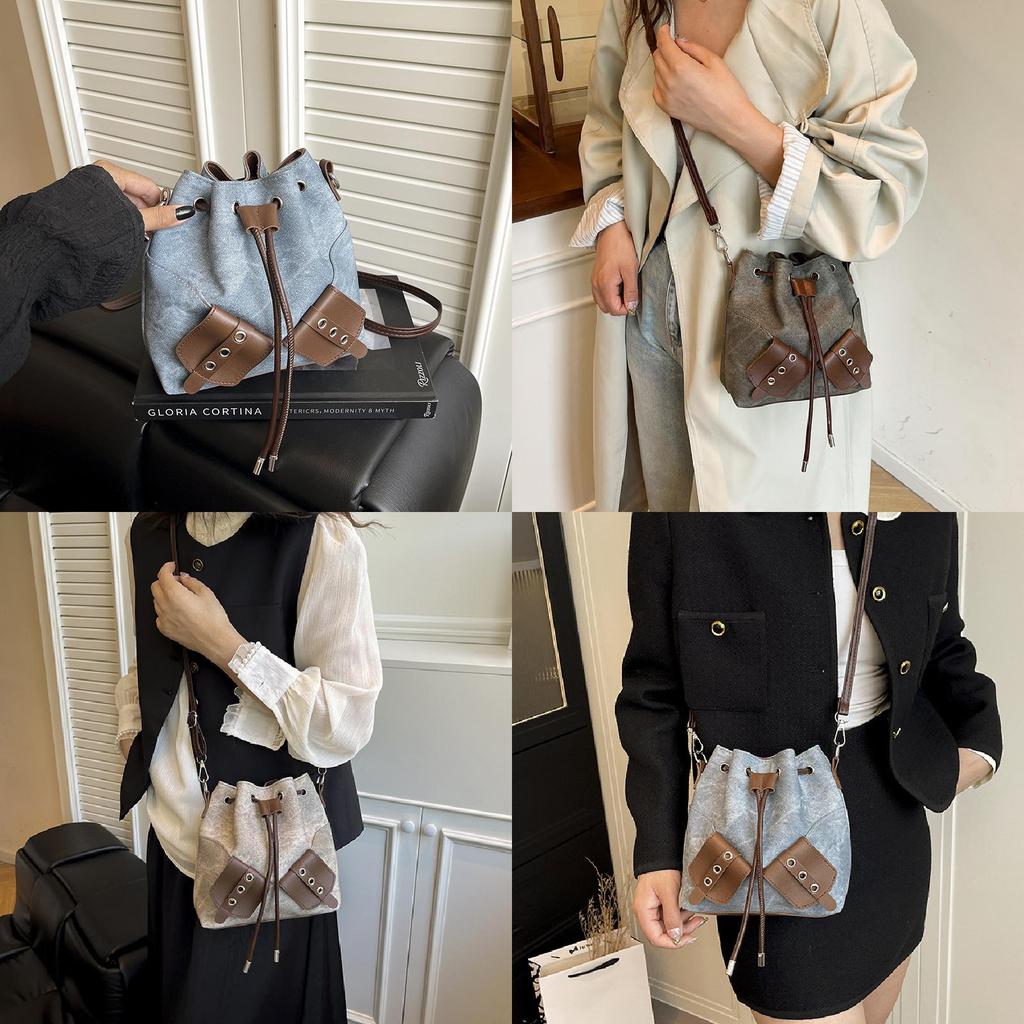 Fashion Splicing Design Drawstring Women Shoulder Bag For Casual Outings