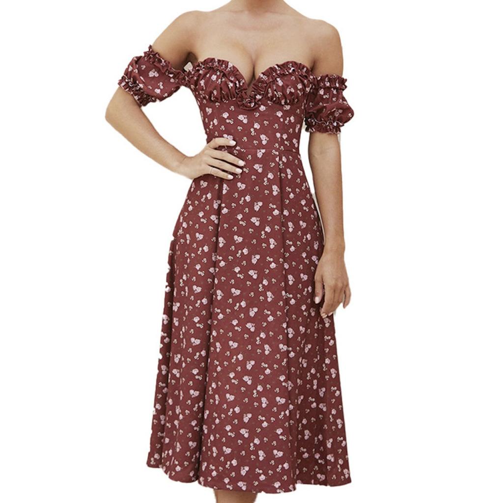 Summer Women's Off-shoulder Strapless Split Floral Short Sleeve Vacation Dress, European American Style Casual Holiday Dress for Women