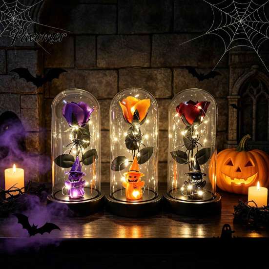 Spider Theme Party Props Halloween Indoor Light Up Rose In Plastic Dome Cloche, Artificial Preserved Decorative Glass Cloche Display Night with