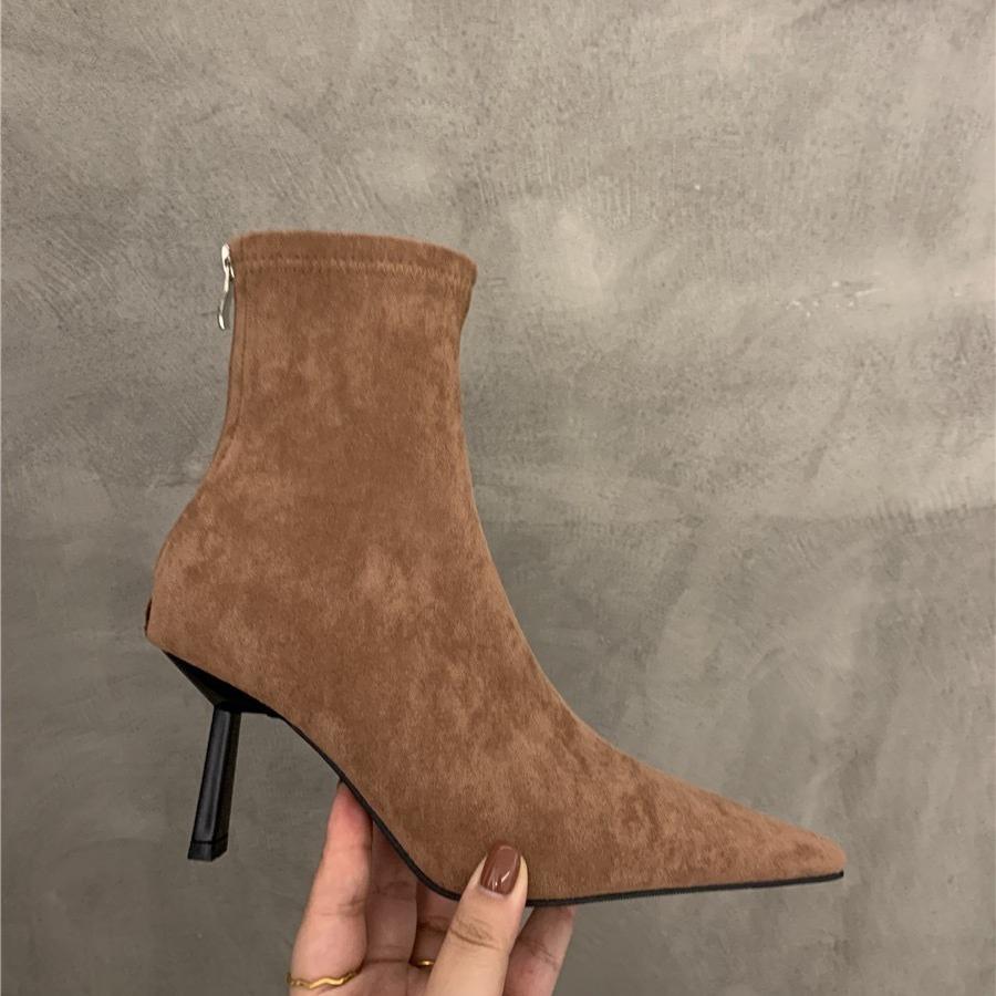 High-heeled Pointed-toed Temperament Suede Thin Short Boots Women's Shoes 2025 New Autumn and Winter Velvet Korean Small Ankle Boots