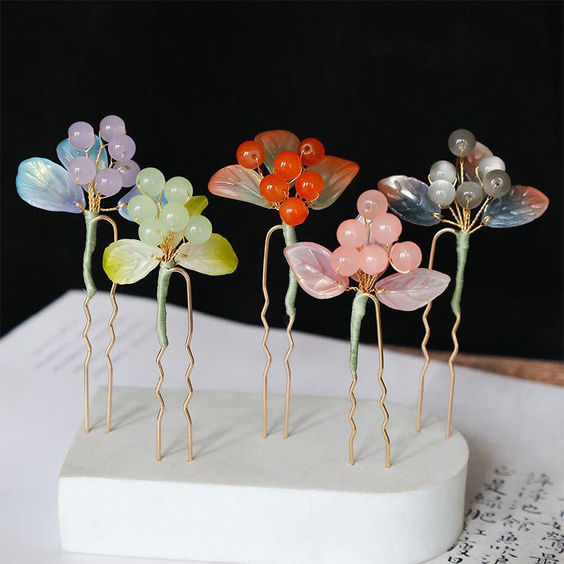 Ancient Hairpin with Red Wild Berries Glass Embellishment - Versatile U-Shaped Hanfu Headwear