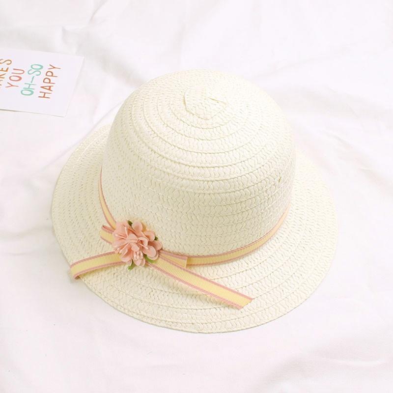 Sun Straw Hat Kids Girls Large Wide Brim Travel Beach Cap Sweet Flower Bowknot Sun for Protection Hat with Shoul