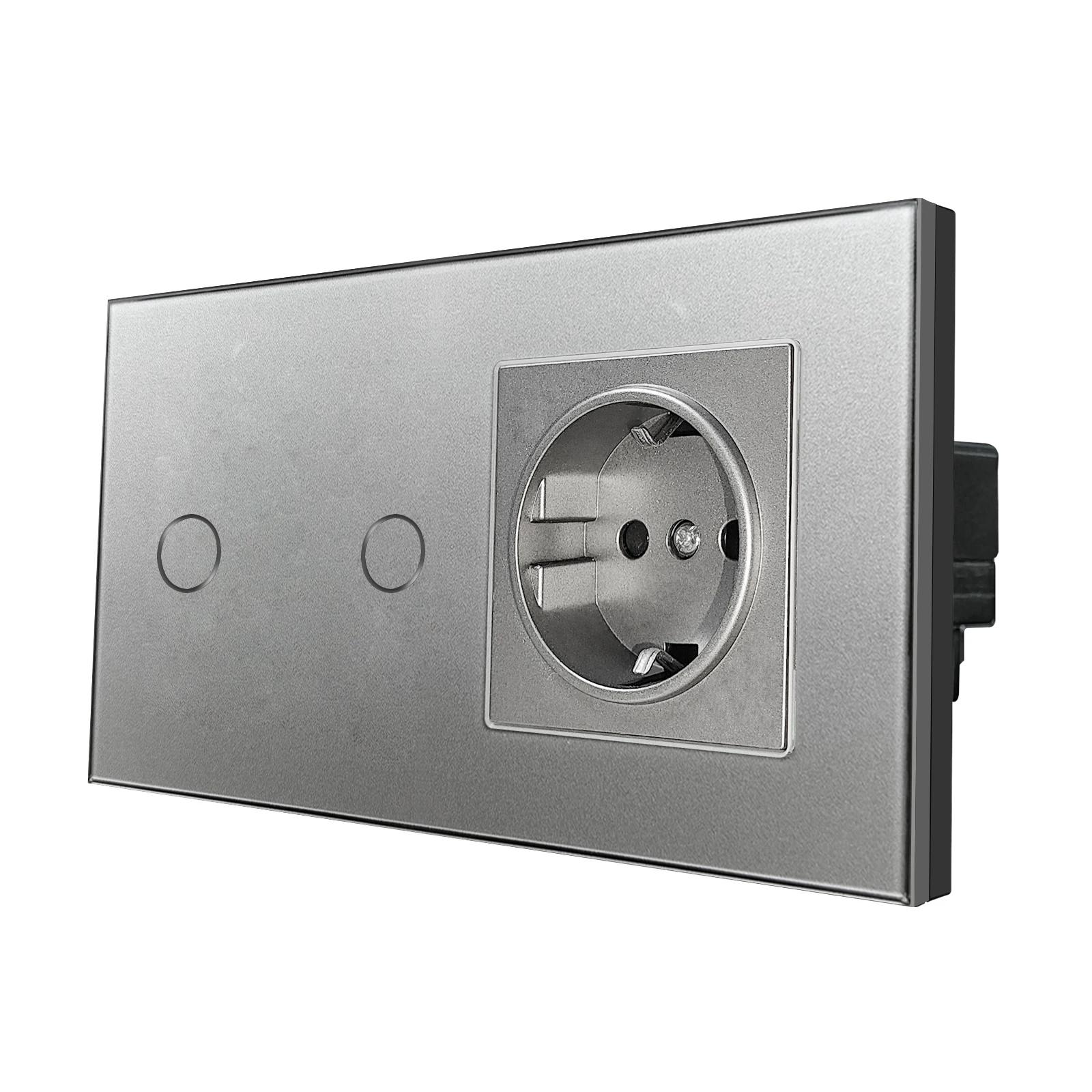 

Сенсорний вимикач зі стандартним сірим загартованим склом ЄС із гніздом USB C, настінним вимикачем 220 В, подвійною розеткою з круглим днищем EU standard