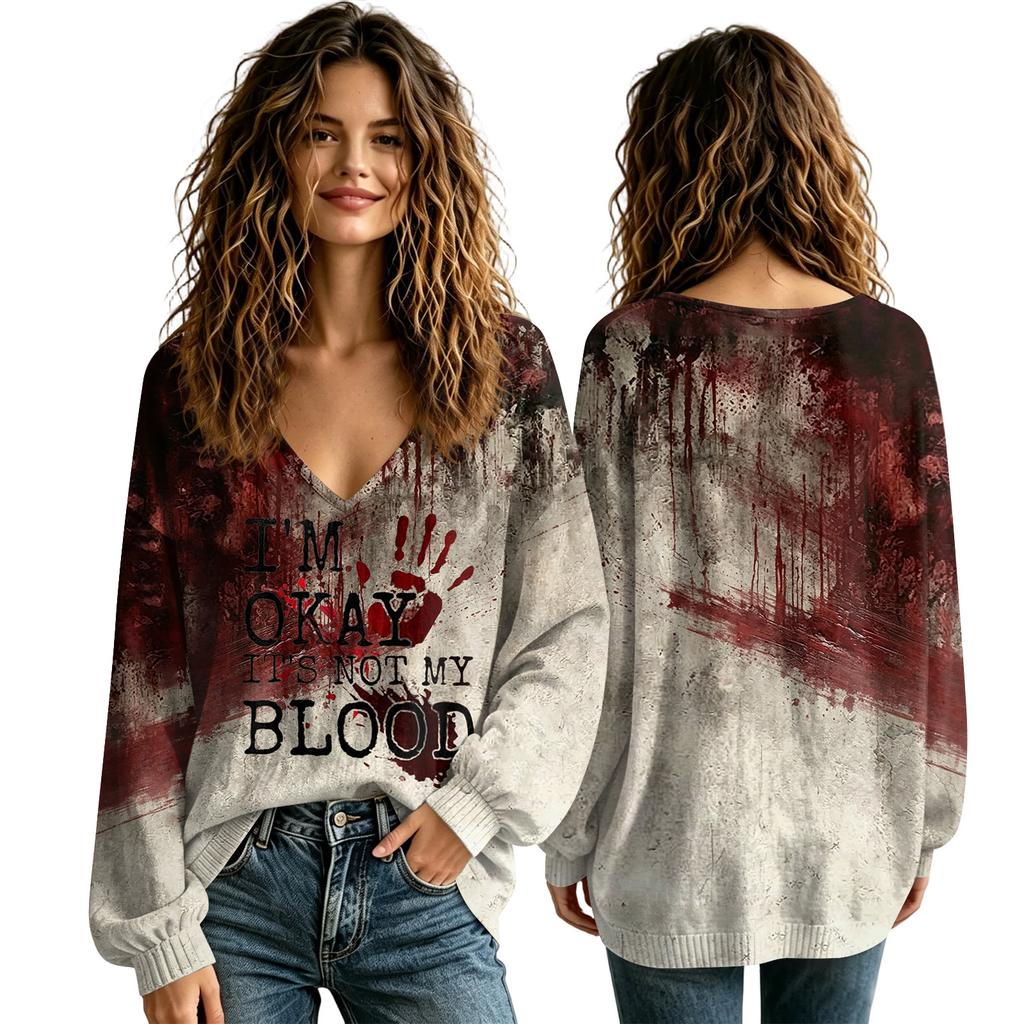 Women's V-Neck Halloween Shirt for Fall, Seasonal Top for Ladies